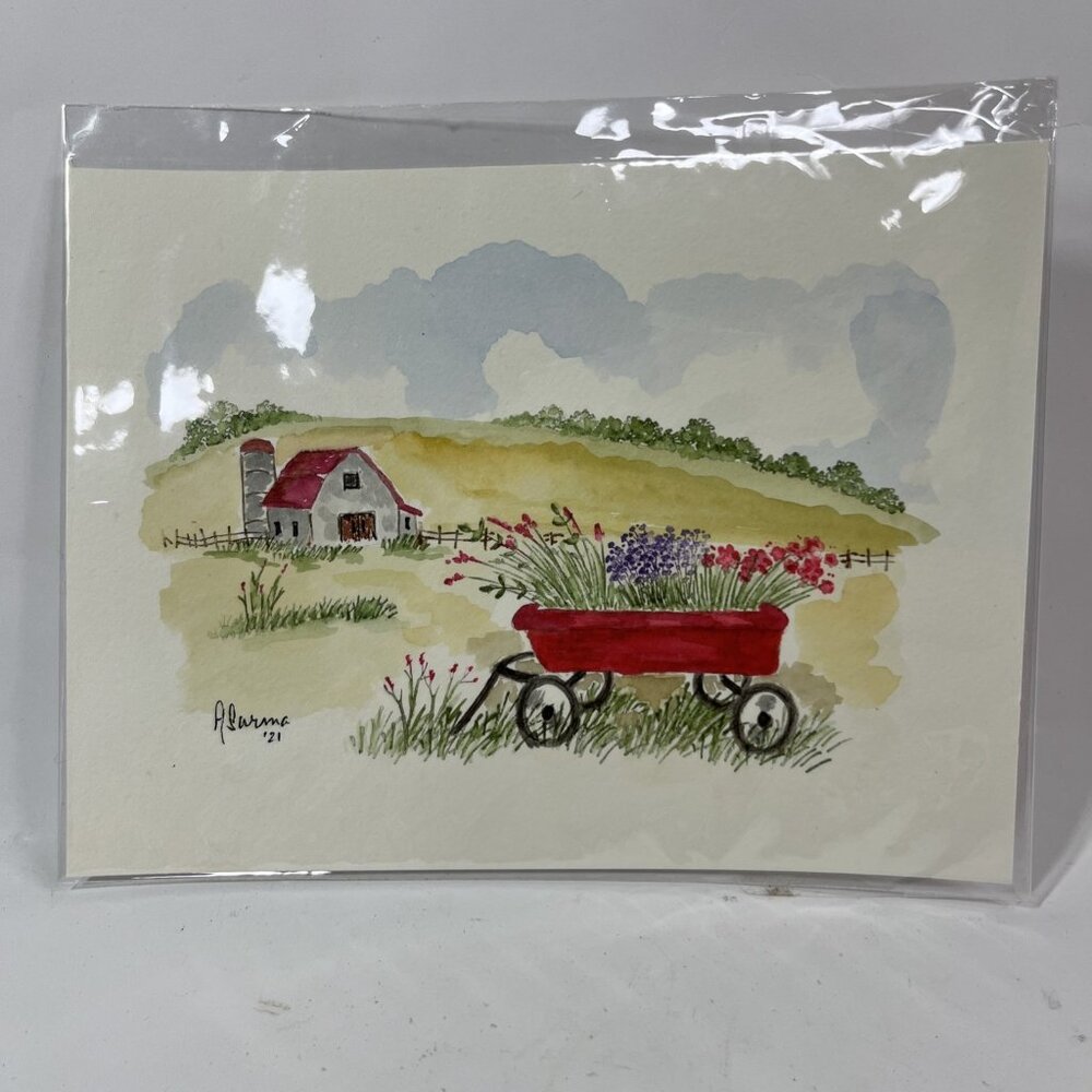 Original Watercolor By A. Surma 2021 Red Wagon Wildflowers Barn Farmhouse Fields